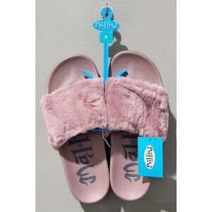 Mad Love Phoebe Pink Soft Faux Rabbit Fur Top Strap Slide Sandals -- Size 8